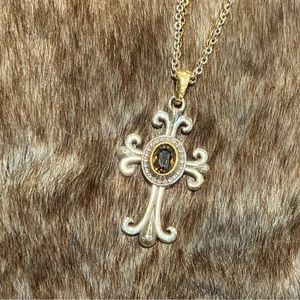 Brighton 2-tone cross necklace with brown gem, 16” length